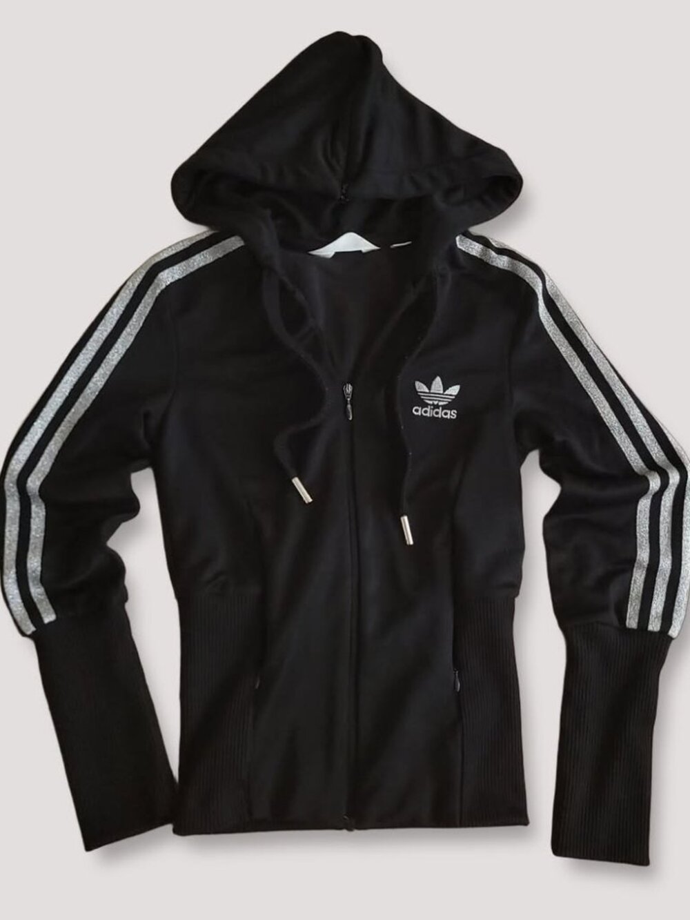 Vintage Adidas Cropped Silver Sparkling Three Stripe Hoodie Zip Up (Size XS)
